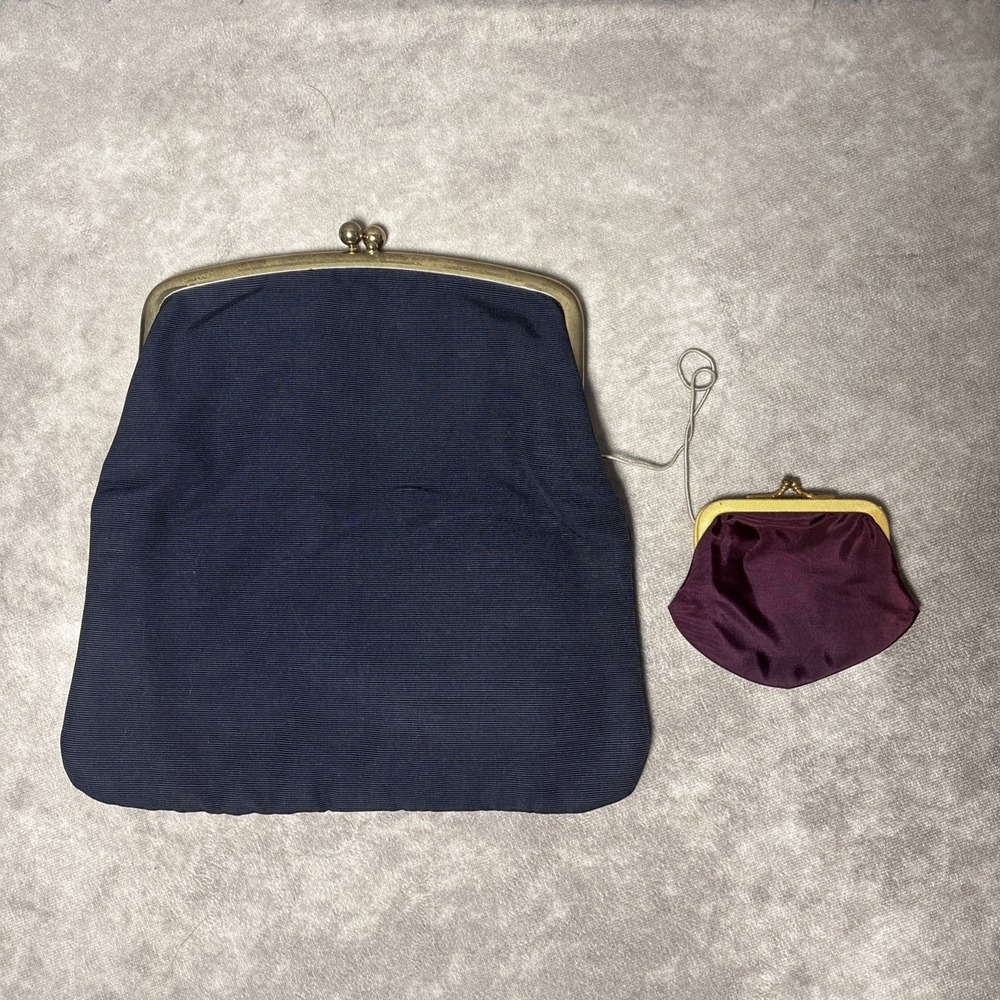 Vtg 1950s Budd Leather Blue Foldover Clutch w/Kiss Clasp & Attached Change Purse